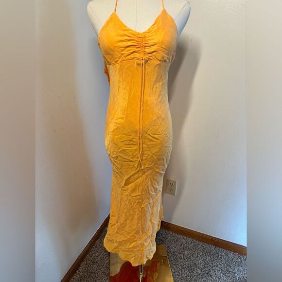 COPY - Zara Women's Size XS Orange Maxi Dress Spaghetti Strap V-Neck Ruched new - Picture 1 of 8